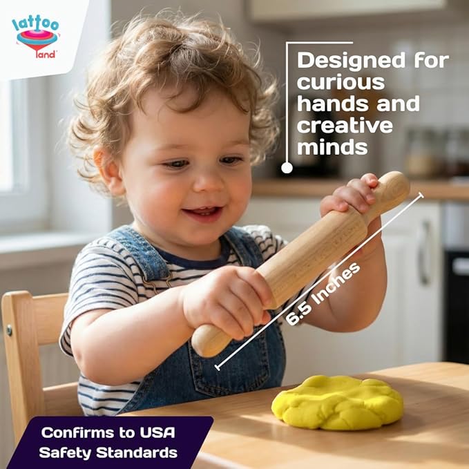 Lattooland Dough Tools Set of 5 - Sculpting Tools to Roll, Cut, Flatten | Wooden Rollers & Knife | Child-Safe Scissor | Pretend Play Kitchen | Clay Mould for Kids Ages 2-7 | Art & Craft
