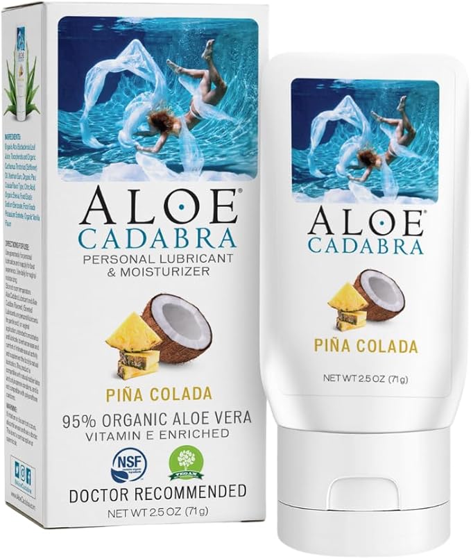 Aloe Cadabra Flavored Personal Lubricant & Vaginal Moisturizer, NSF Certified Organic Edible Aloe Lube for Men, Women & Couples, Non-Staining, pH Balanced, Toy Compatible (Pina Colada, 2.5oz, 1 Pack)