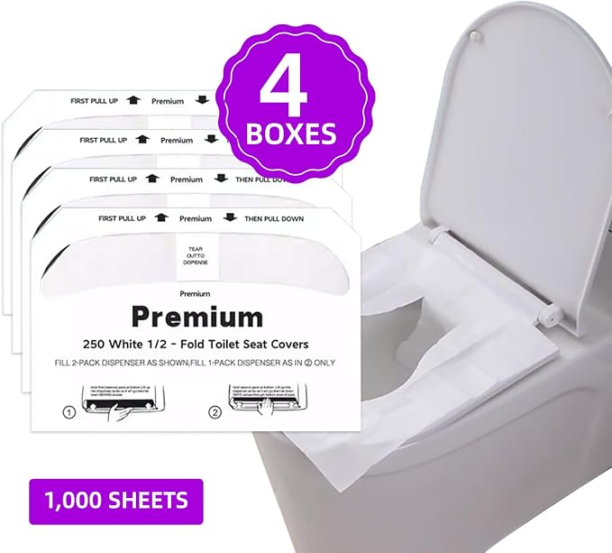 Flushable Toilet Seat Covers - 1000 Pcs, 4 Packs of 250 | Disposable, 14x16.5" Half-Fold | For Airplane, Camping, Public Restrooms | Adult & Kids Potty Training