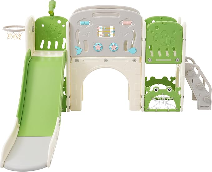 11in 1 Toddler Slide, Kid Slide for Toddlers Age 1-3 with Telescope, Basketball Hoop, and Telescope, Indoor Outdoor Playset Playground Green Grey