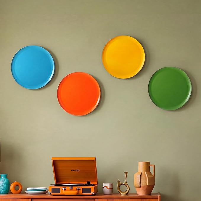 Hicarer 4 Pcs 12 Inch Mid Century Modern Metal Wall Art Hanging Decor | Retro Metal Round Disk, Mid Century, 3D Design, Easy Install, Smooth Finish, for Home Office Bedroom Living Room Gift