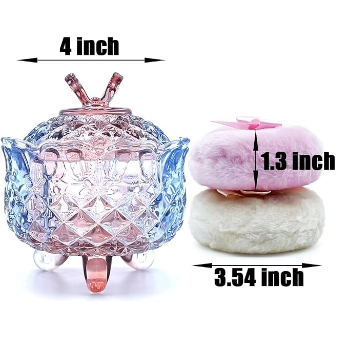 Luxury 4 Inch Glass Powder Jar with 2 Soft 3.5" Puffs,Body Powder Puff and Container (Butterfly-Colorful Purple)
