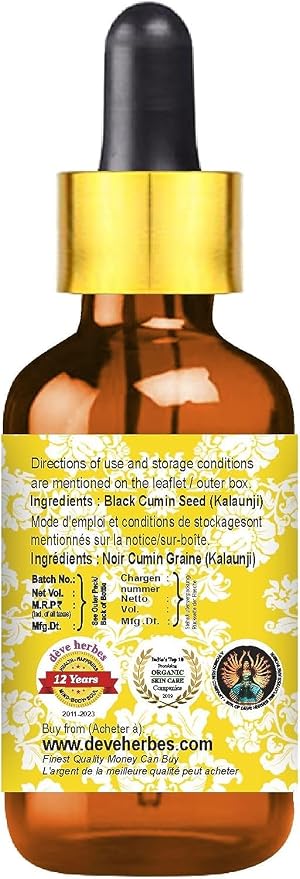 Deve Herbes Pure Black Cumin Seed (Kalaunji) Carrier Oil (Nigella Sativa) with Glass Dropper Cold Pressed (Pack of Three) 100ml X 3 (10 oz)