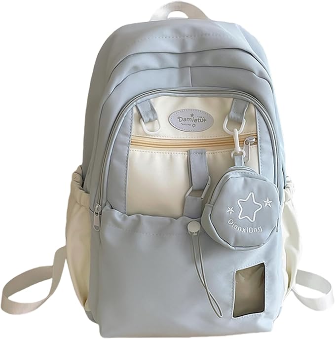 Kawaii Backpack Double Shoulder Bag with Cute Star Removable Pouch Small Clear Front Pocket Large Capacity Fits 16" Laptop Dopamine Colors Daypack (Blue)
