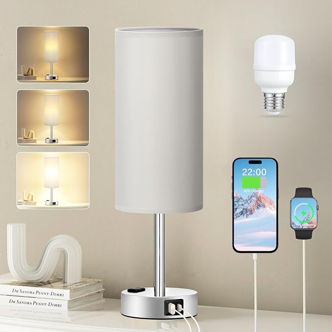 Fenmzee Light Grey Table Lamp for Nightstand - 3 Way Dimmable Touch Bedside Lamp USB C and A Charging Ports and AC Outlet, Small Desk Lamp with Silver Base for Office Nursery, LED Bulb Included