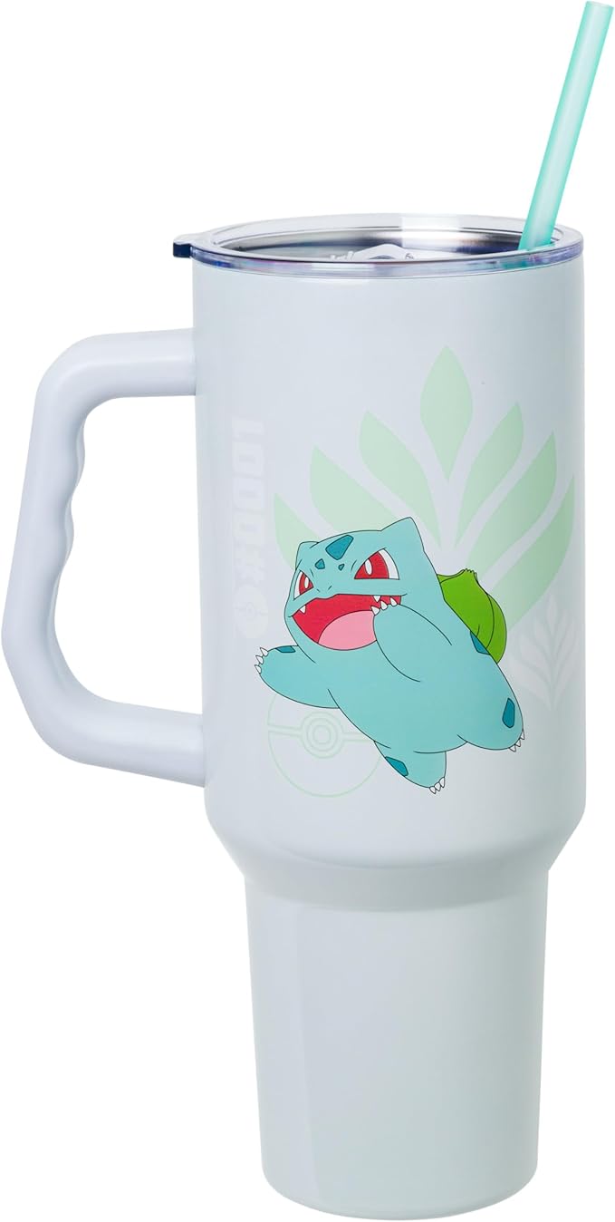 Silver Buffalo Pokémon Stainless Steel Tumbler with Handle Featuring Bulbasaur, Fits in Standard Cup Holder, 40 Ounces