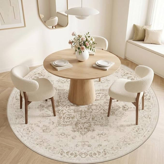 Round Area Rug for Living Room: 8ft Vintage Boho Neutral Washable Circle Rug Soft Large Circular Carpet for Bedroom Nursery Farmhouse Dining Room Office Floor Non-Slip Low Pile Under Table Beige/Ivory