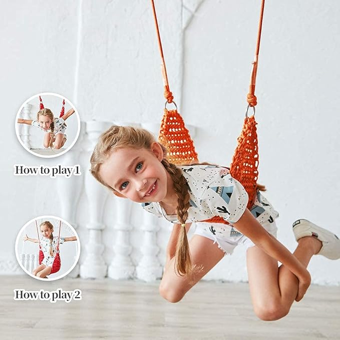 Hand-Knitting Kids Swing, Indoor Outdoor Portable Tree Swing Seat,Adjustable Ropes, with Hanging Strap and Snap Hook for Camping Hiking Backyard Playset and Playroom, Easy Install(Orange)