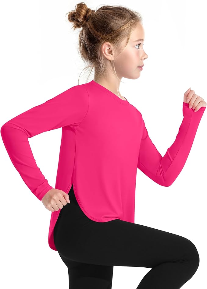 JOCMIC Girls Long Sleeve Shirts Kids Athletic Quick Dry UPF 50+ Sun Shirt Basic Tees for Gym Yoga Tops