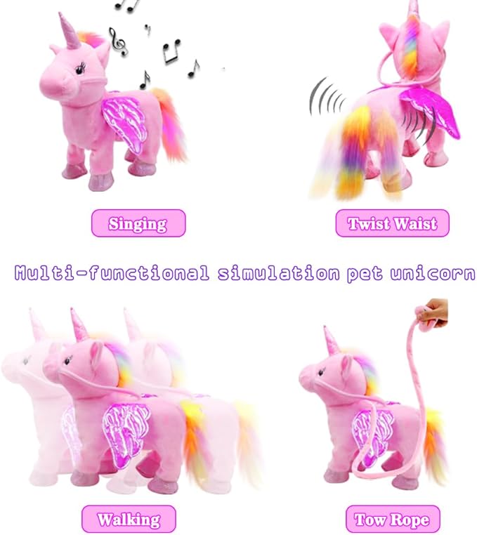Remote Control Electronic Plush Unicorn Toy Pet for Girls 2-4 3-6 Years Old,Interactive Walking Wiggle Bottom,RC Leash Pink Unicorn Toy for 5 Years Old Toddler Kids Christmas Birthday Gift