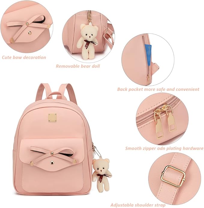 MACCINELO Cute Leather Mini Backpack Purse for Women Bowknot Small Backpack for Girls gift Rucksack Ladies Shoulder Bag 3pcs
