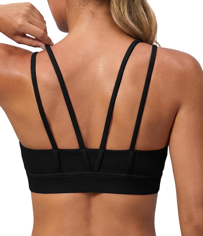 Aoysky Sports Bras for Women Buttery Soft Strappy Padded Sports Bra Double Spaghetti Straps Wireless Yoga Workout Crop Tops