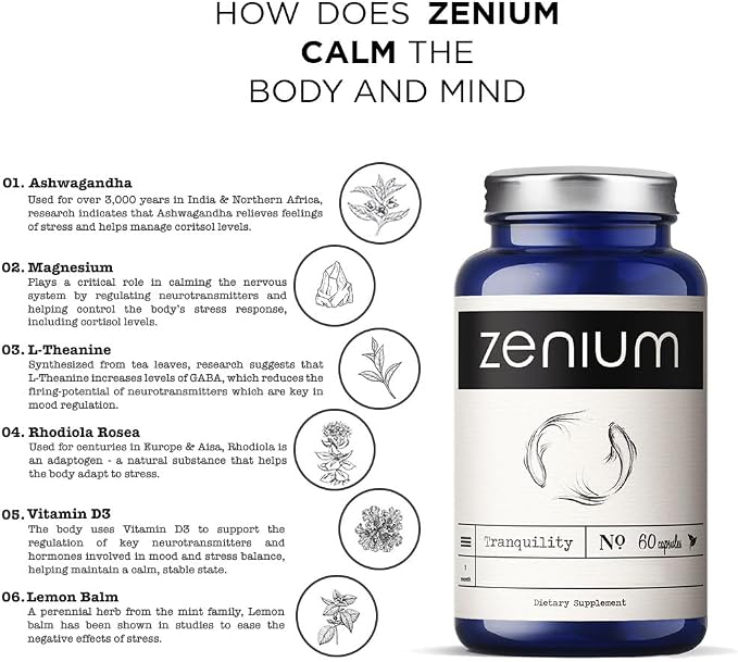 Zenium Stress Relief Supplement Supports Mood & Mental Focus - Feel Calm & Relaxed - Eases Tension & Nervousness - Ashwagandha, Magnesium & L-Theanine - Sarpagandha Inspired - 60 Capsules