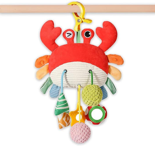 Crab Car Seat & Stroller Toy for Babies 0-12 Months, Sensory Hanging Toy with Rattle, Mirror, Squeaker, BPA-Free Pull Strings, Fine Motor Skills Baby Gift for Newborn Infant Boy Girl