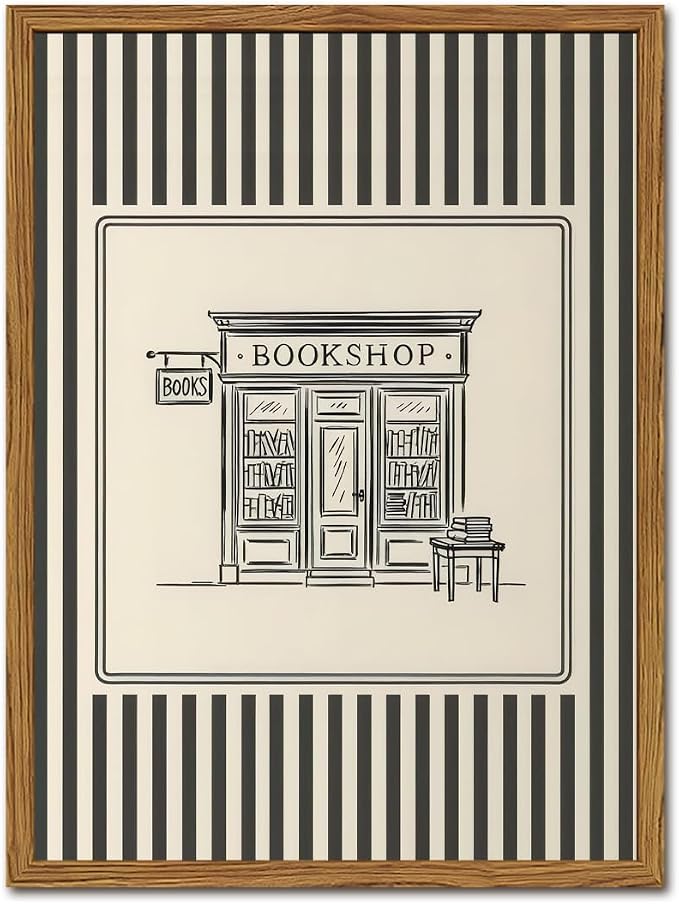 Vintage Striped Bookshop Wall Art, Retro Black and White Pictures Wall Decor College Minimalist Canvas Prints Paintings for Bathroom Bedroom Living Room 16x24 inch Framed