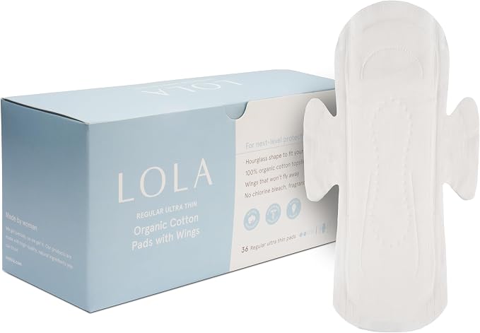 LOLA Cotton Pads - Ultra Thin Pads with Wings - Organic Cotton Hypoallergenic Material - Organic Panty Liners - 36 Count, Regular