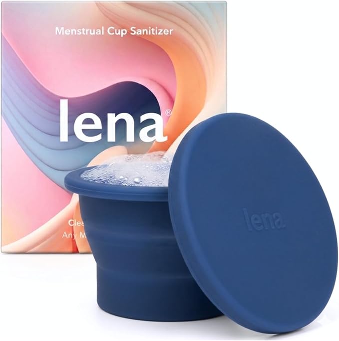 Lena Menstrual Cup Cleaner Case & Period Disc Sanitizer, Home and Travel Size Feminine Wash, Period Essentials for Women, Microwavable, Compact & Collapsible Silicone Container, Dark Blue