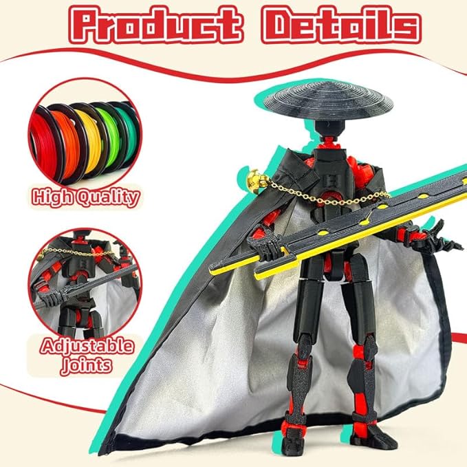 Assembly Completed T13 Action Figures,T 13 Action Figure, Robo 13 3D Printed Action Figure - The Ultimate Hero for Action-Packed Playtime,5.2 Inch (Black Red)