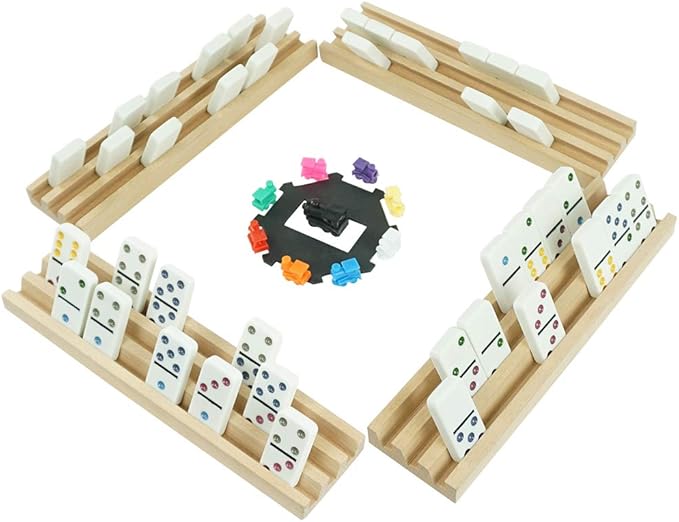 PUREPLAY Mexican Train Dominoes Set - Double 12 Colored Dot Dominoes - Includes 91 Tiles with 9 Trains, 4 Wooden Trays and Storage Bag for 2-8 Players Ages 8+