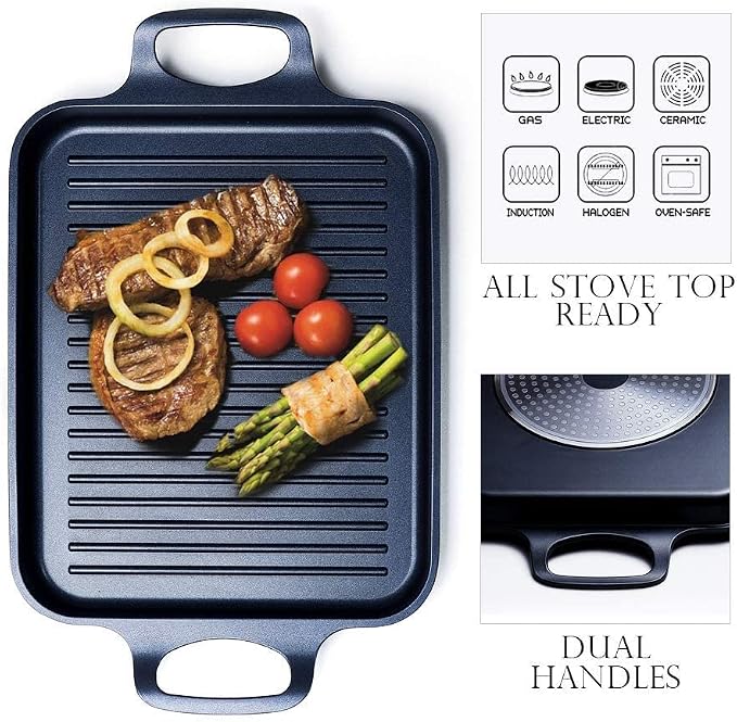 S·KITCHN Nonstick Grill Pan, Induction Stove Top Grill Plate, Glass Grilling Pan for Indoor, Gas Range Grill Panel/Skillet