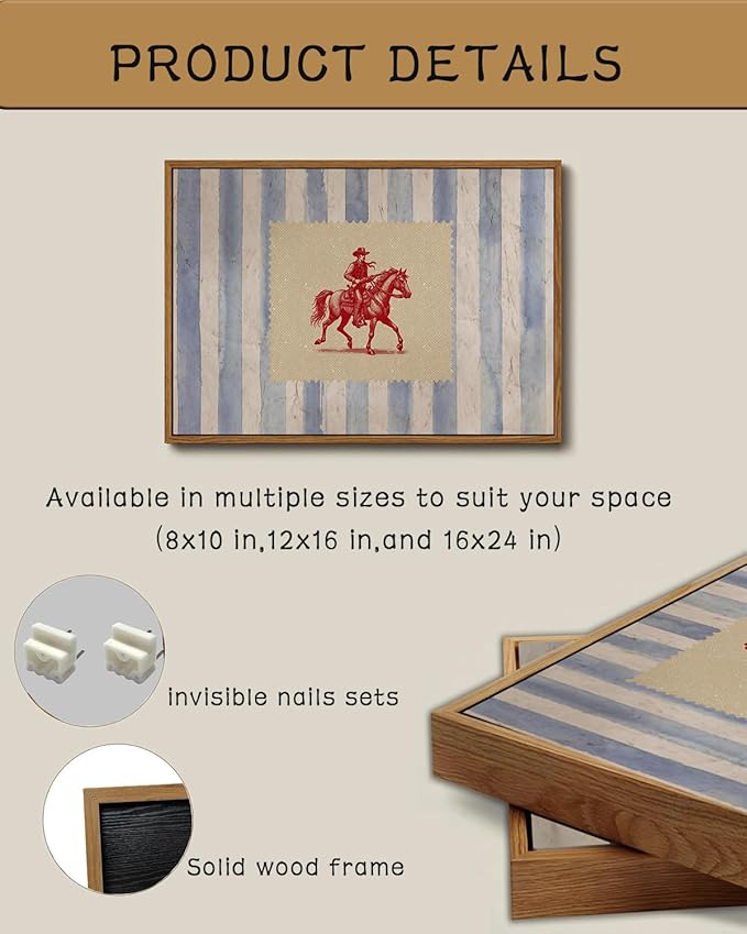 ZZLWBKGL Western Wall Decor Cowboy Canvas Art Vintage Framed Wall Art | Country West Stamp Artwork Mid Century Aesthetic for Living Room Bedroom 16x24in