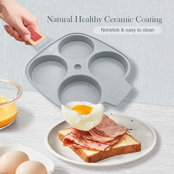 Ceramic Egg Frying Pan with Lid, Nonstick 4 Cup Fried Egg Pan - Blue | Detachable Handle, Omelette Pan Induction Compatible