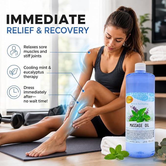 SPA REDI Mint Eucalyptus Professional Massage Oil – 5-Oil Botanical Blend for Deep Tissue Relief & Dry Skin | Vitamin E, Almond, Avocado & Sunflower Oils | Cruelty-Free, Sulfate-Free | 32 oz