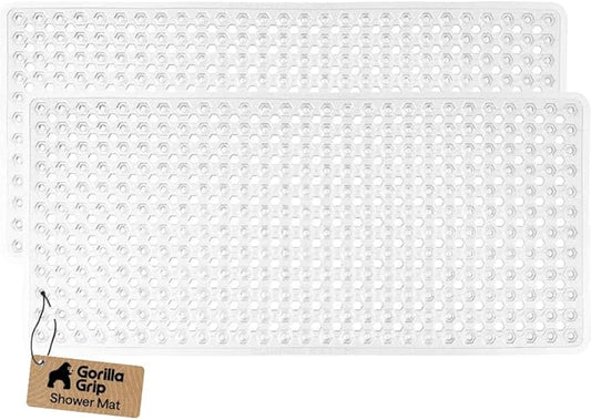 GORILLA GRIP Patented Bath Tub Shower Mat, 2 Pack, Machine Washable Bathtub Floor Liner Mats, Suction Cups and Drain Holes to Keep Tubs Clean, Soft on Feet, Bathroom Essentials, 35x16 Inch, Clear