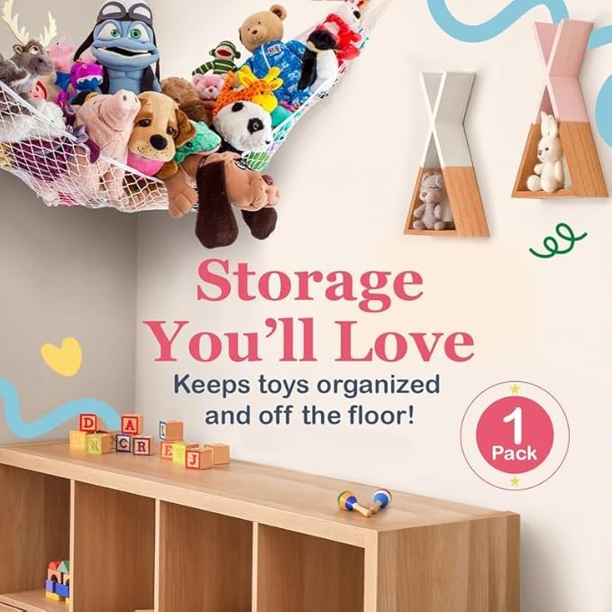 Lilly's Love Large Stuffed Animal Hammock | Corner Hanging Organizer, Stuffed Animal Storage | Easy to Hang Plushie Net w/Included Anchors & Hooks | Cute Room & Bedroom Decor (Pink)