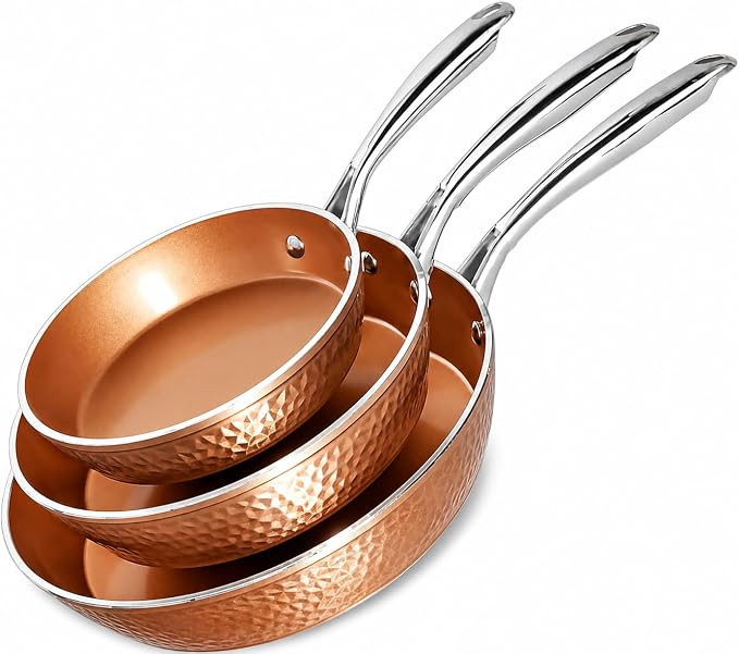 Gotham Steel Hammered Frying Pan Set, 3 Piece Nonstick Copper Fry Pans, 8”, 10” & 12” Skillet, Omelet Pan, Cookware, PFOA Free, Dishwasher Safe, Cool Touch Handle | 8, 10, 12" Fry Pans, Non Toxic PFOA/PFOS/PTFE Free, Induction Compatible, Oven and Dish...
