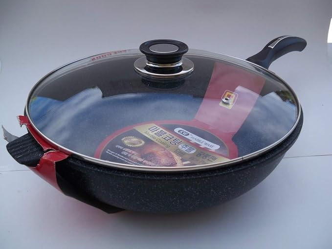 Ceramic Marble Coated Cast Aluminium Non Stick Stir Fry Wok With Glass Lid (34 cm)