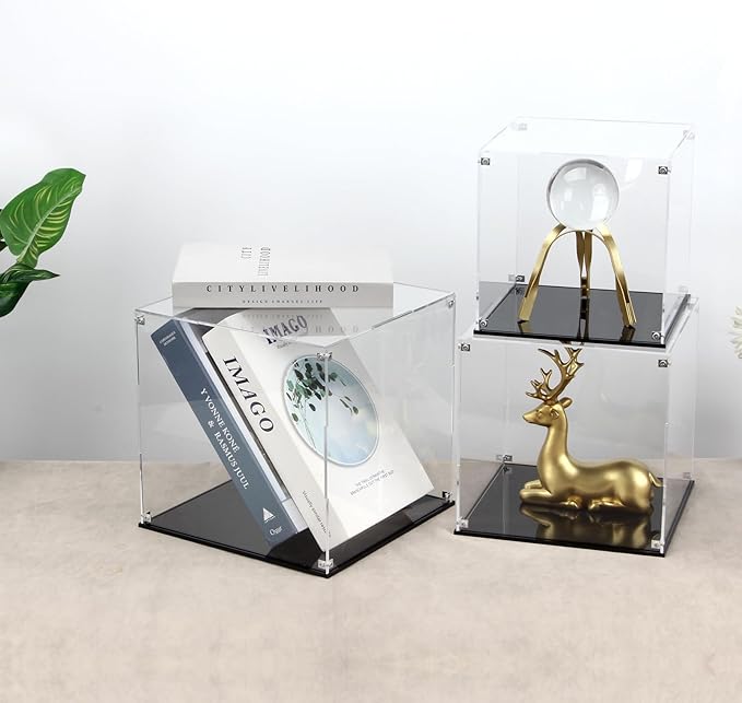 Clear Self-Assembly Acrylic Boxes for Display, Transparent Display Case with Black Base and Lid, Cube Countertop Storage Boxes Glass Case for Collectibles Models Doll Boy Figurine, 9x9x9Inch
