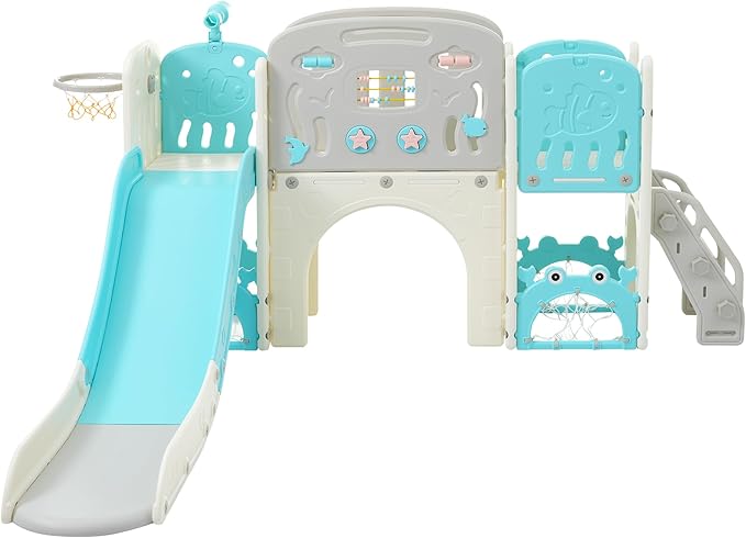 11in 1 Toddler Slide, Kid Slide for Toddlers Age 1-3 with Telescope, Basketball Hoop, and Telescope, Indoor Outdoor Playset Playground Blue Grey