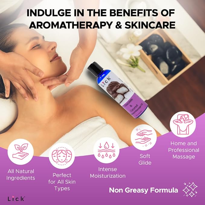 Lick Chocolate and Coconut Massage Oil – Tropical Dessert Edible Massage Oil with Sweet Almond Oil & Vitamin E, Smooth Body-Safe Glide for Couples Massage, 4 oz