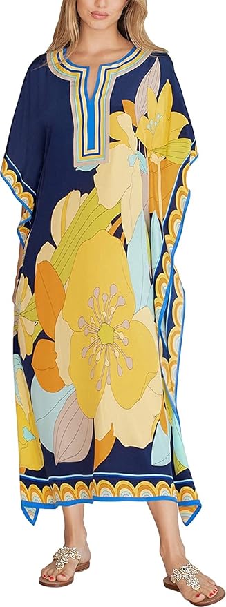 Venasha Womens Caftan Floral Print Kaftan Dress Short Sleeve Swimsuit Cover up Loungewear for Summer