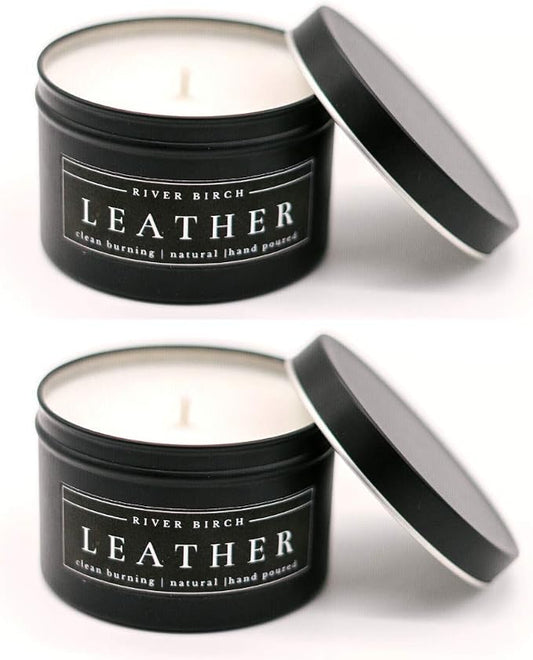 River Birch Leather Scented Candle 2-Pack | Premium, All-Natural, Non-Toxic Soy | Two 8 oz. Black Matte Tin Travel Candles | Cozy Relaxing Gifts for Home