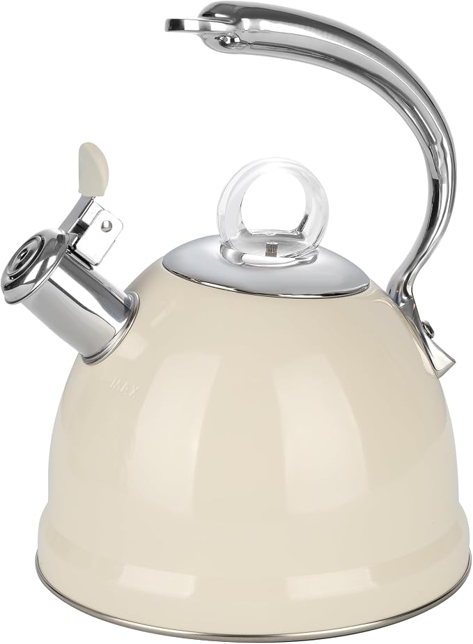 Harriet Tea Kettle Stovetop, 2.5 Quart Whistling Stainless Steel Tea Pot, 3-Layer Base, Unique Ergonomic Handle, Includes Pot Holder & Mat, Electric/Induction/Gas Stovetops Applicable, Beige White