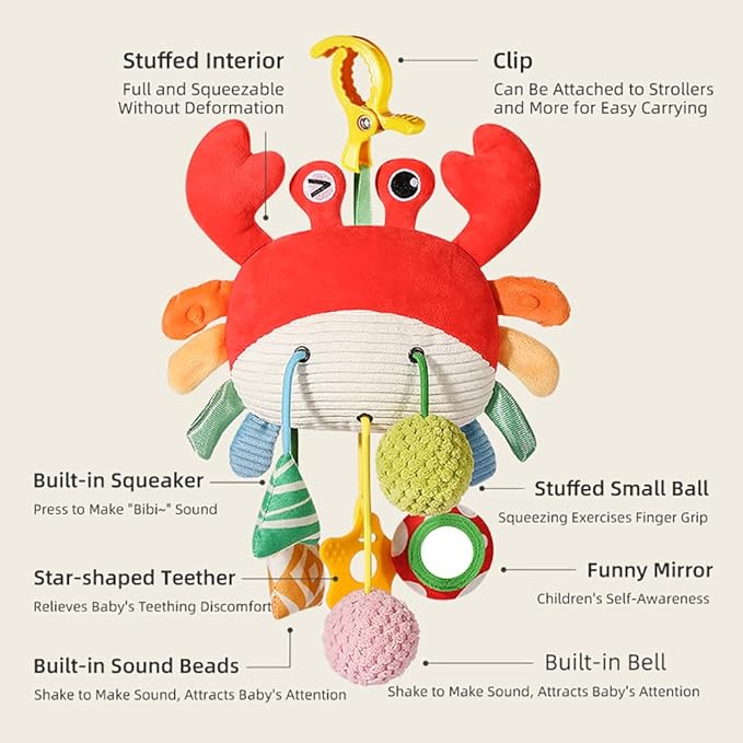 Crab Car Seat & Stroller Toy for Babies 0-12 Months, Sensory Hanging Toy with Rattle, Mirror, Squeaker, BPA-Free Pull Strings, Fine Motor Skills Baby Gift for Newborn Infant Boy Girl