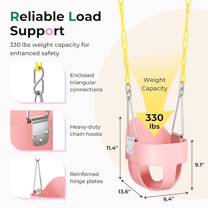 DECORLIFE Toddler Swing - High Back Full Bucket Seat for Ages 1-3, 330lb Capacity, Baby infant Swing Outdoor with Safety Design, Plastic-Coated Chains, Carabiners for Backyard, Playground, Garden-Pink