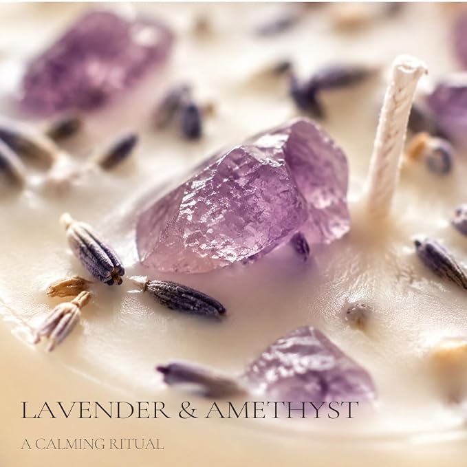 Meditation Candle Gift, 9 oz Lavender Crystal Candle, Gold Lid | White jar with gold lid, lavender soy candle, amethyst crystals, 9 oz, 40 hour burn, self care gift
