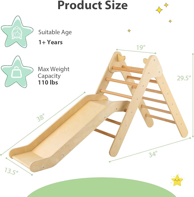 OLAKIDS Pikler Triangle Set 2 in 1 Climbing Toys for Toddlers Foldable Wood Montessori Baby Jungle Gym with Ladder Ramp Slide Kids Indoor Playground Activity Play Structure