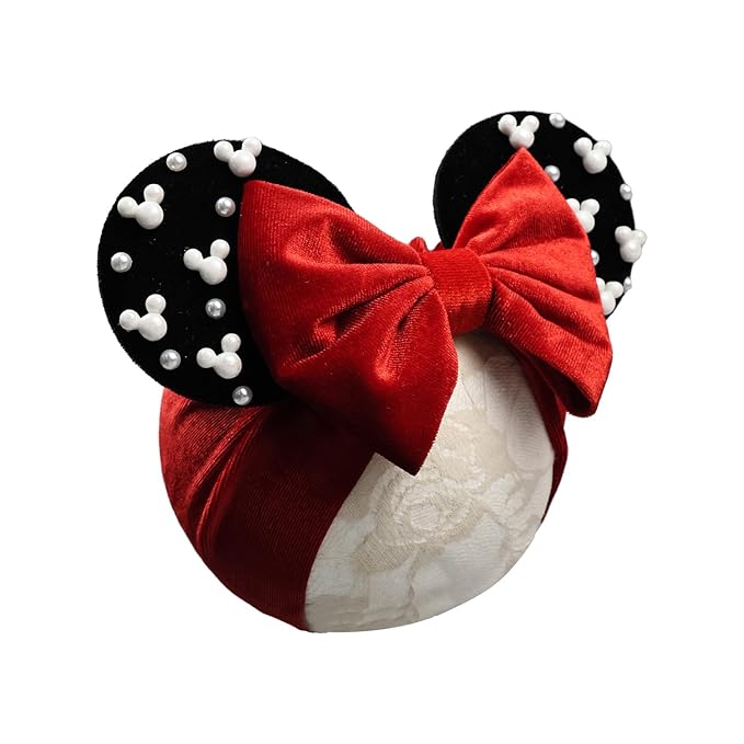 JIAHANG Baby Girl Velvet Mouse Ears Turban Headwrap with Beads, Wide Velour Hair Bow Headband for Toddler, Infants, Kids, Party Supplie