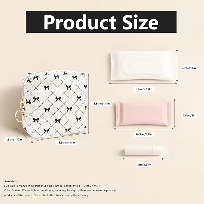 Period Bag for Girls, Corduroy Period Kit with Sanitary Pad Pouch, Menstrual Storage Bag and Tampon Holder for Purse, Girls School Essentials,Feminine Care Organizer(Black Bow)