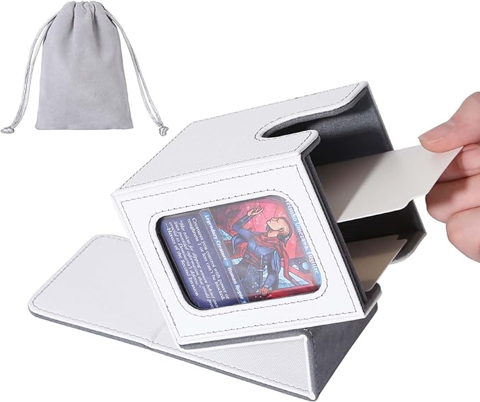 AFIING MTG Deck Box for Commander Display, Fits 100 Double Sleeved Cards, Magic Commander TCG Card Storage Box with 2 Dividers, Drawstring Bag and 1 Toploader (White/Grey)