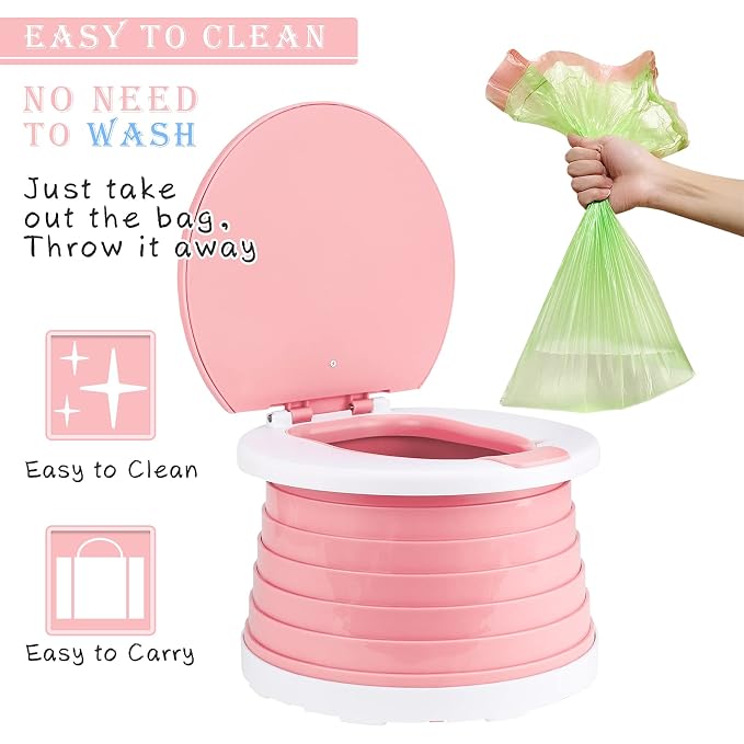 Portable Potty Seat, Toddler Folding Training Toilet Chair Kids Travel Foldable Potty Indoor Outdoor with Storage Travel Bag Pink