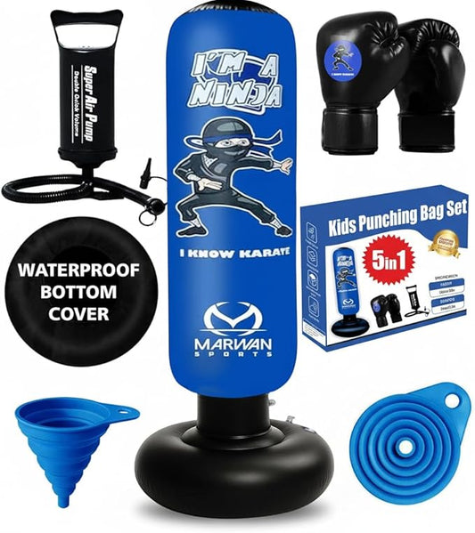 Marwan Sports 5-in-1 Inflatable Punching Bag for Kids – 63" Karate Toy Set with Boxing Gloves, Durable Fast Rebound, Active Play Christmas/Birthday Gift for Boys & Girls Ages 4-12