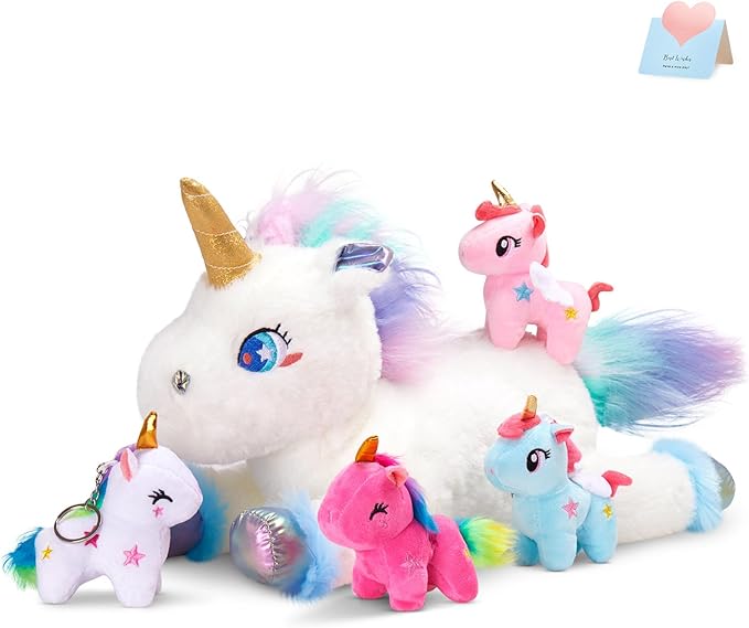 WEWILL 19'' Rainbow Unicorn Stuffed Animal, Mommy Unicorn with 4 Babies Unicorn, Magical Unicorn Pillow Plushies for Girls Ages 3-8, Unicorns Plush Toys for Christmas, Valentine's, Birthday Gifts