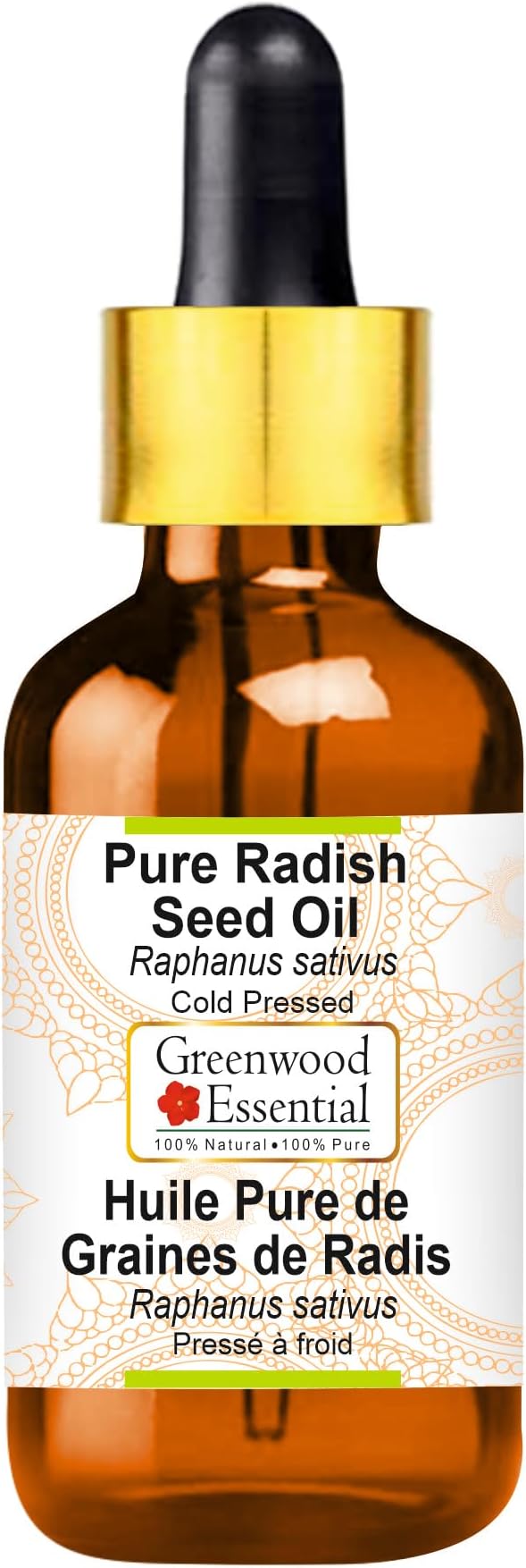 Greenwood Essential Radish Seed (Raphanus sativus) with Glass Dropper | Cold Pressed | Natural | Undiluted | For Diluting Essential Oils | For Skin & Massage | Men & Women | 100ml (3.38 oz)