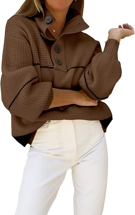 chouyatou Women's Slouchy Waffle Knit Sweater 1/2 Button Polo Collared Pullover Striped Sweater Tops