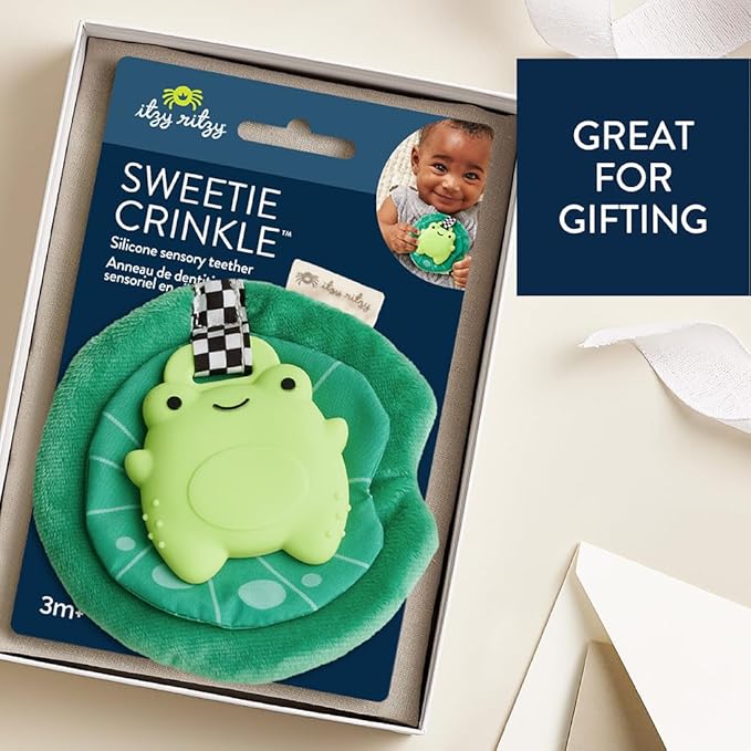 Itzy Ritzy Crinkle Teether Toy – Silicone Frog Teething Toy with Crinkly Lilypad & Plush Velour Layer; Features Multiple Textures for Teething Relief; Designed for Ages 3 Months and Up (Frog)